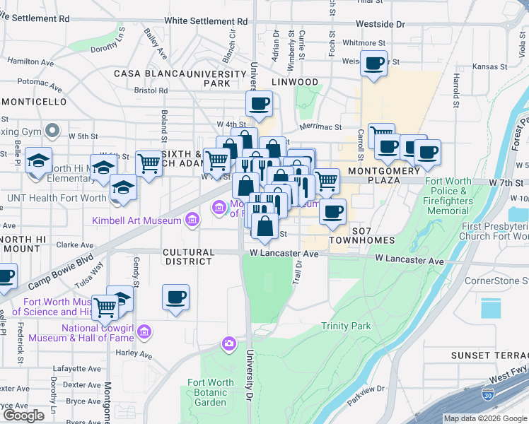map of restaurants, bars, coffee shops, grocery stores, and more near in Fort Worth