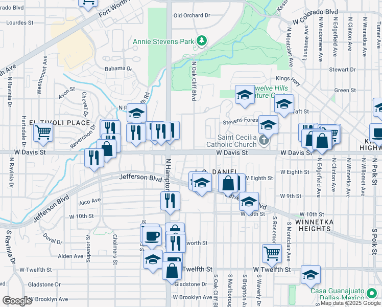 map of restaurants, bars, coffee shops, grocery stores, and more near 2214 West Davis Street in Dallas