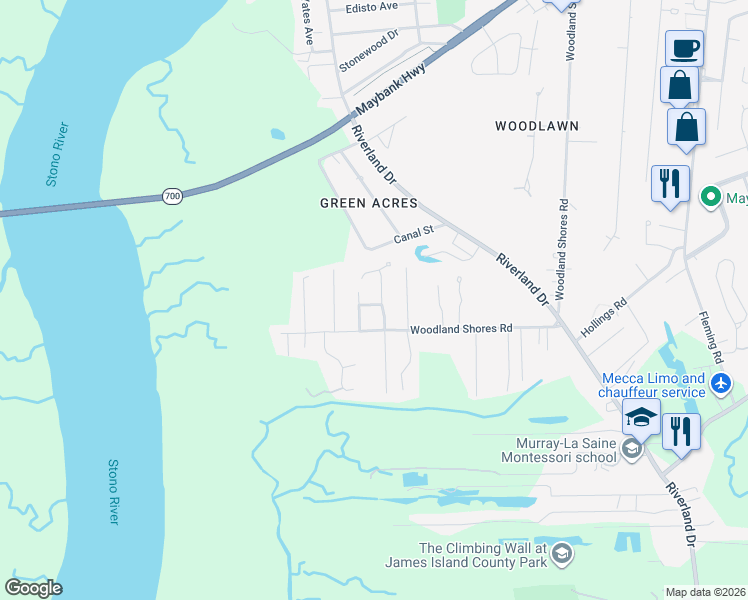 map of restaurants, bars, coffee shops, grocery stores, and more near 519 Rainsong Drive in Charleston