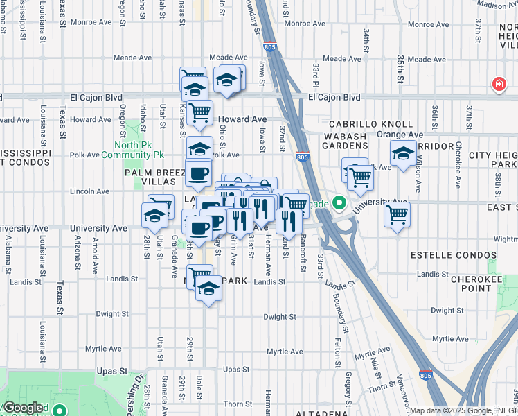 map of restaurants, bars, coffee shops, grocery stores, and more near 3952 Iowa Street in San Diego