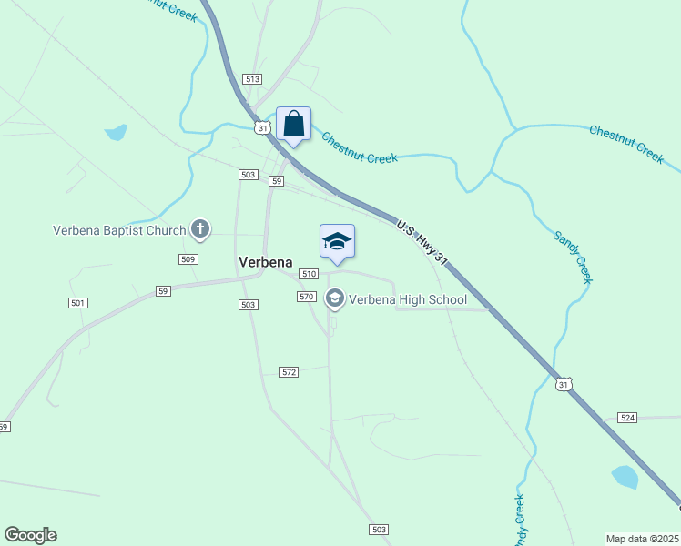 map of restaurants, bars, coffee shops, grocery stores, and more near 202 County Road 510 in Verbena