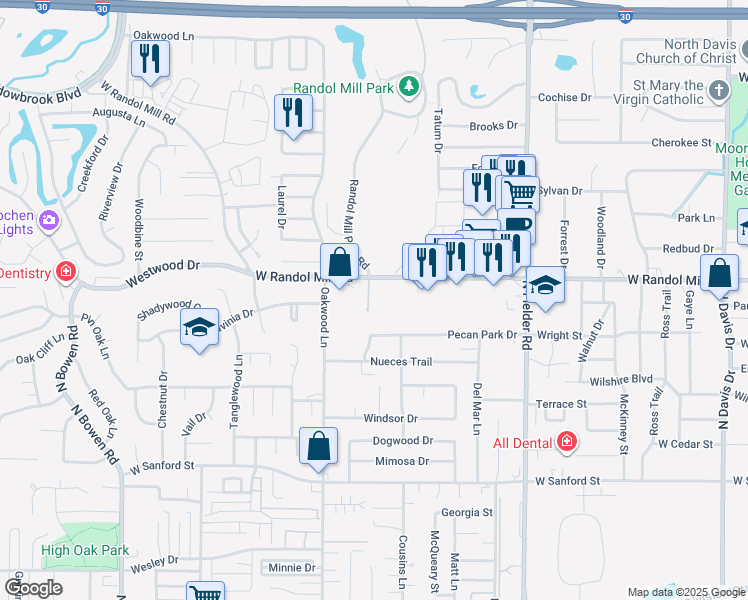 map of restaurants, bars, coffee shops, grocery stores, and more near 1007 Village Green Court in Arlington