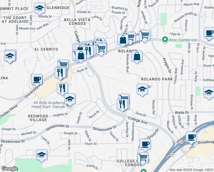 map of restaurants, bars, coffee shops, grocery stores, and more near 3844 Brems Street in San Diego