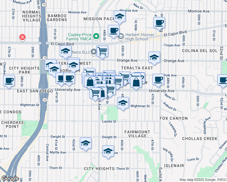 map of restaurants, bars, coffee shops, grocery stores, and more near 4435 University Ave in San Diego