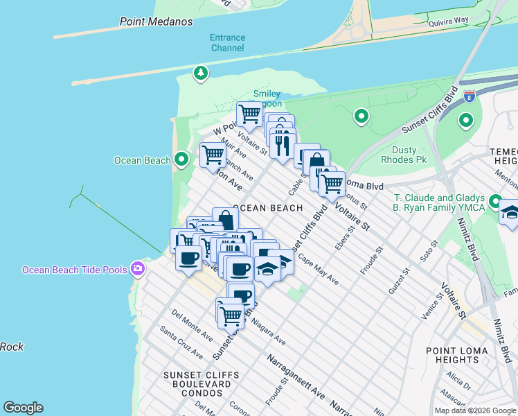 map of restaurants, bars, coffee shops, grocery stores, and more near 4947-51 Brighton Avenue in San Diego