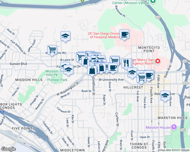 map of restaurants, bars, coffee shops, grocery stores, and more near 3975 Goldfinch Street in San Diego