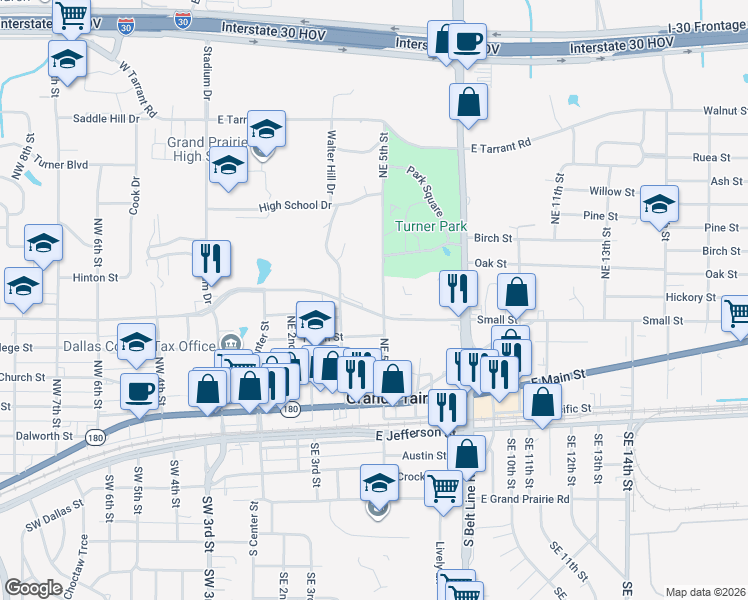 map of restaurants, bars, coffee shops, grocery stores, and more near 325 Northeast 5th Street in Grand Prairie