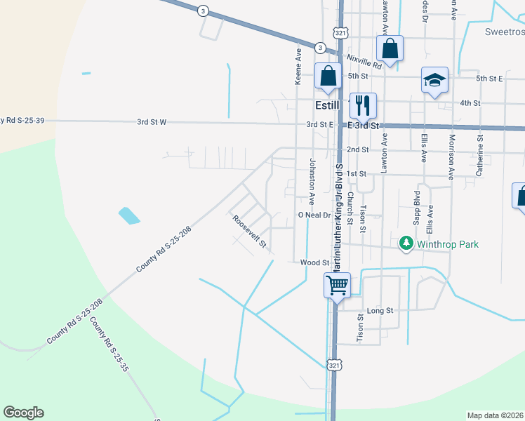 map of restaurants, bars, coffee shops, grocery stores, and more near 3114 Washington Street in Estill