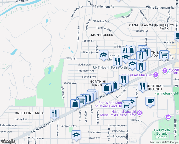 map of restaurants, bars, coffee shops, grocery stores, and more near 3933 Mattison Avenue in Fort Worth