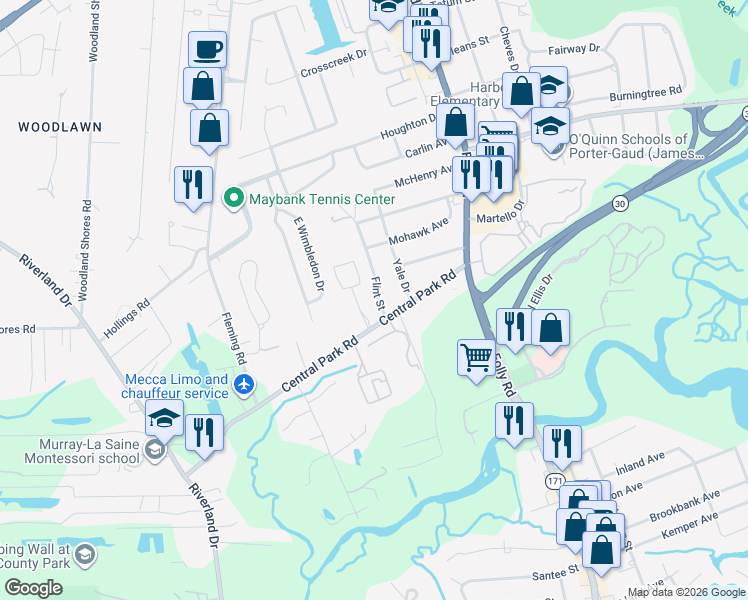 map of restaurants, bars, coffee shops, grocery stores, and more near 633 Flint Street in Charleston