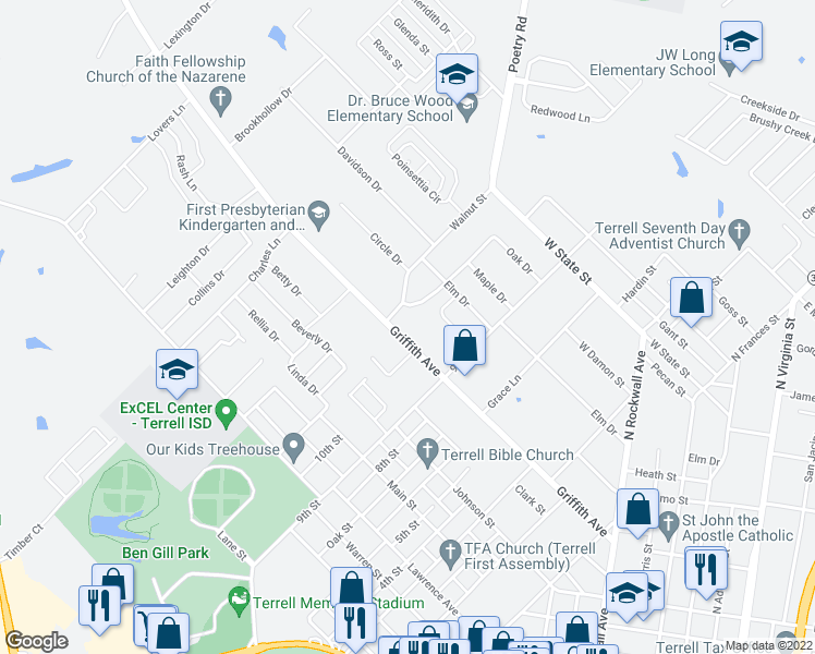 map of restaurants, bars, coffee shops, grocery stores, and more near 724 Griffith Avenue in Terrell