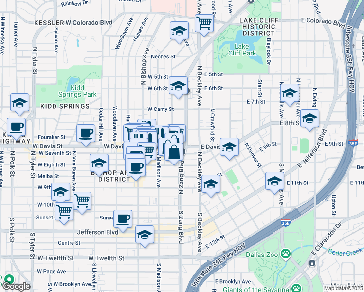 map of restaurants, bars, coffee shops, grocery stores, and more near 195 West Davis Street in Dallas