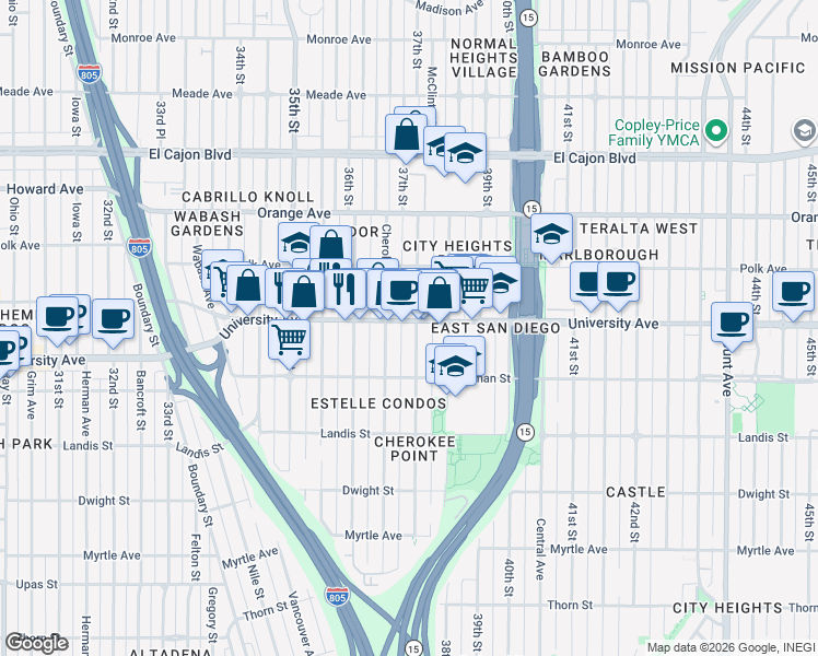map of restaurants, bars, coffee shops, grocery stores, and more near 3890 37th Street in San Diego