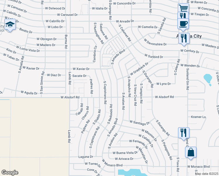 map of restaurants, bars, coffee shops, grocery stores, and more near 14356 South Redondo Road in Arizona City