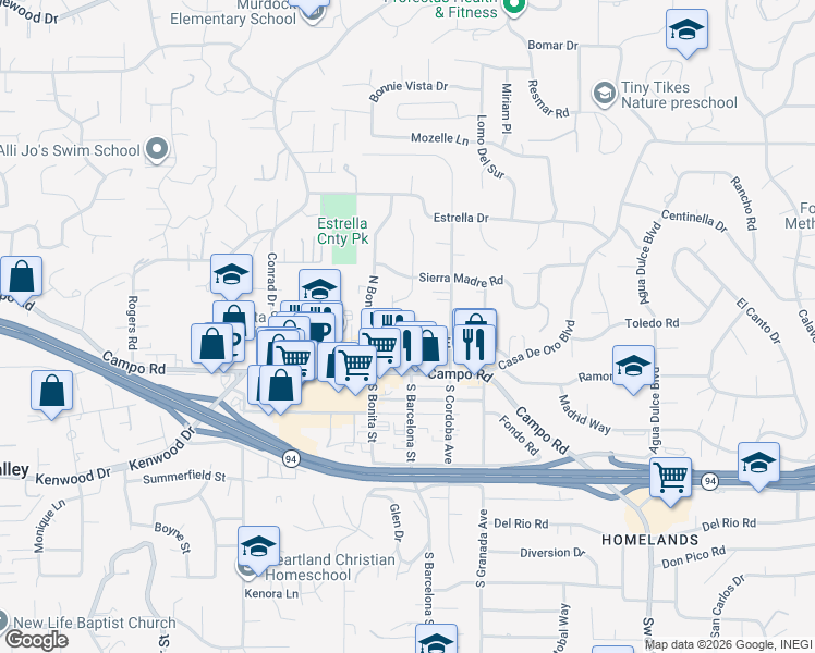 map of restaurants, bars, coffee shops, grocery stores, and more near 4016 Cortez Way in Spring Valley