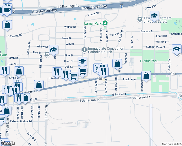 map of restaurants, bars, coffee shops, grocery stores, and more near 204 Skyline Circle in Grand Prairie