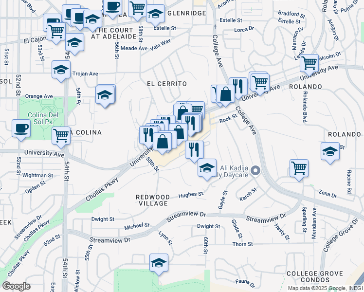 map of restaurants, bars, coffee shops, grocery stores, and more near 5931 University Avenue in San Diego