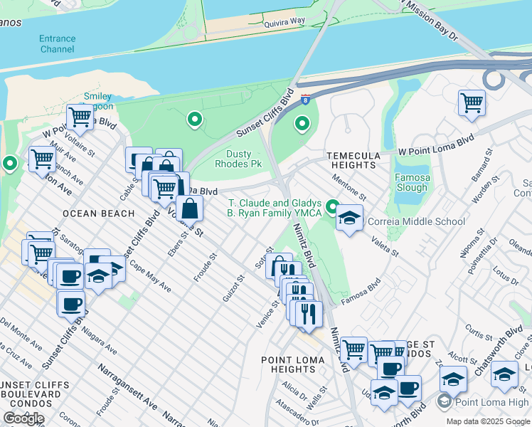 map of restaurants, bars, coffee shops, grocery stores, and more near 2376 Etiwanda Street in San Diego