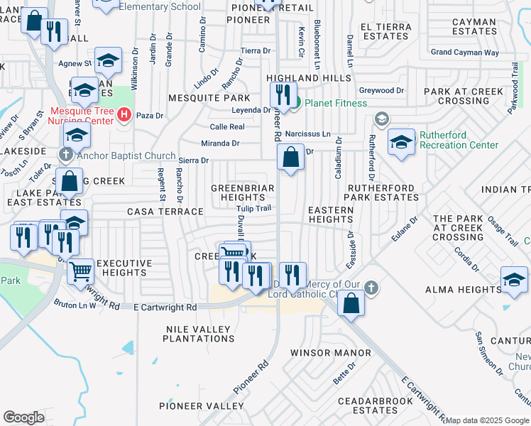 map of restaurants, bars, coffee shops, grocery stores, and more near 1122 Tulip Trail in Mesquite