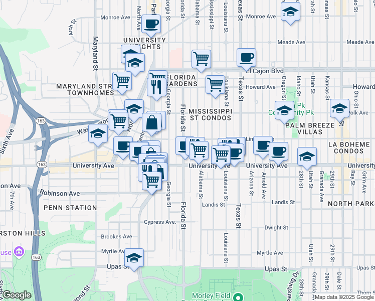 map of restaurants, bars, coffee shops, grocery stores, and more near 3948 Florida Street in San Diego