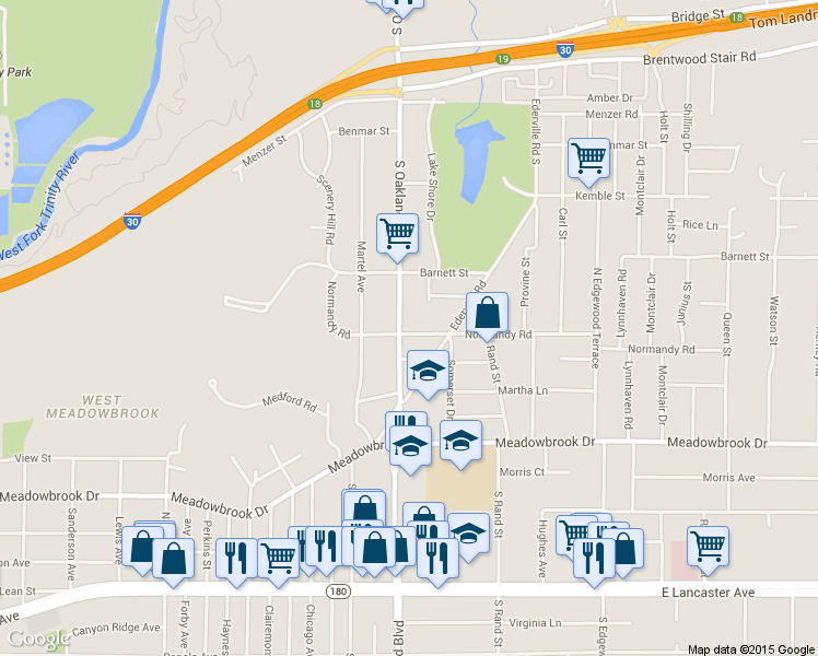 map of restaurants, bars, coffee shops, grocery stores, and more near 1841 Oakland Boulevard in Fort Worth