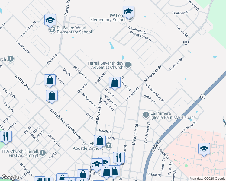 map of restaurants, bars, coffee shops, grocery stores, and more near 205 Hackberry Street in Terrell