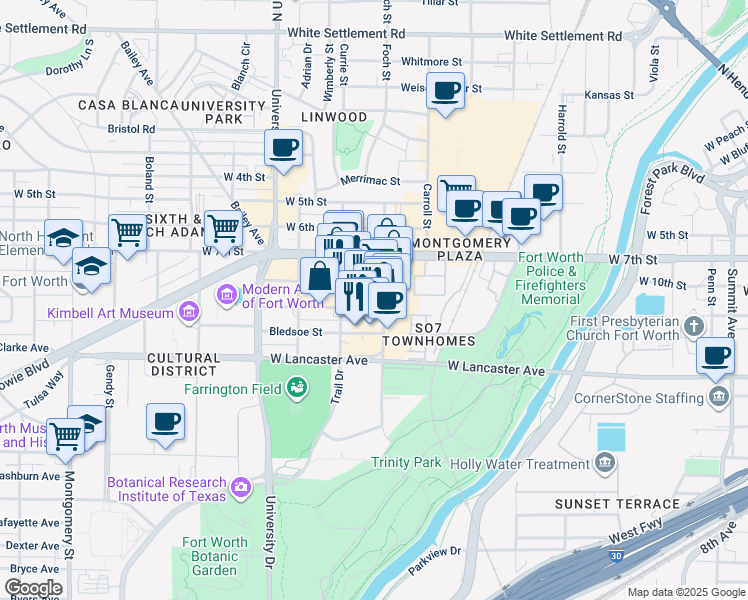 map of restaurants, bars, coffee shops, grocery stores, and more near 2822 Morton Street in Fort Worth