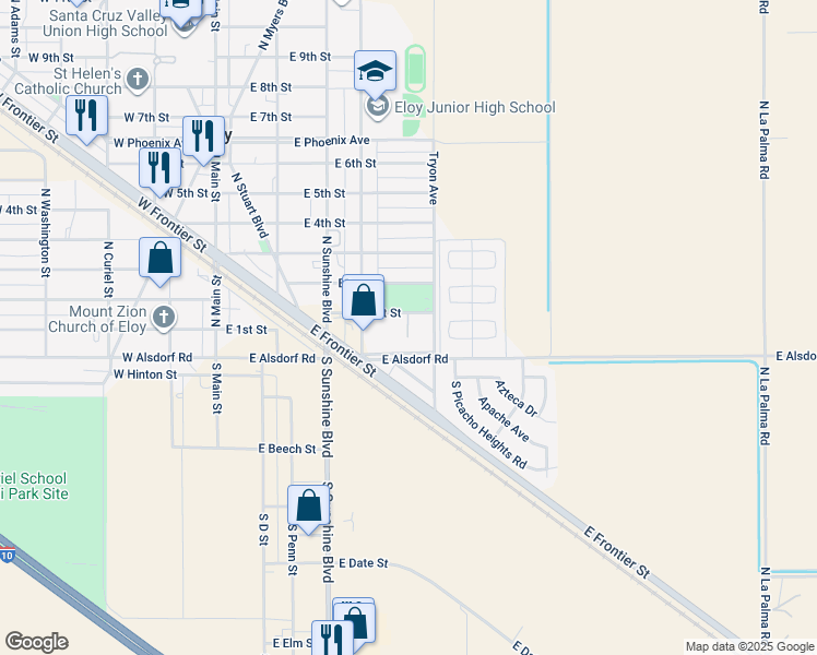 map of restaurants, bars, coffee shops, grocery stores, and more near 413 East 1st Street in Eloy