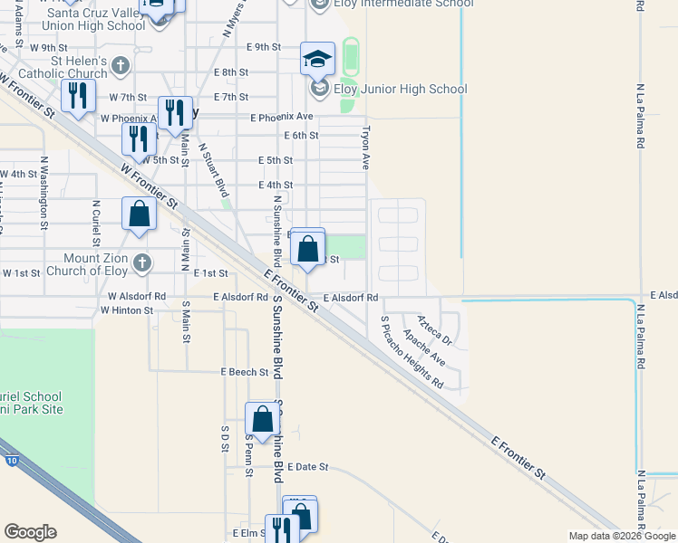 map of restaurants, bars, coffee shops, grocery stores, and more near 413 East 1st Street in Eloy