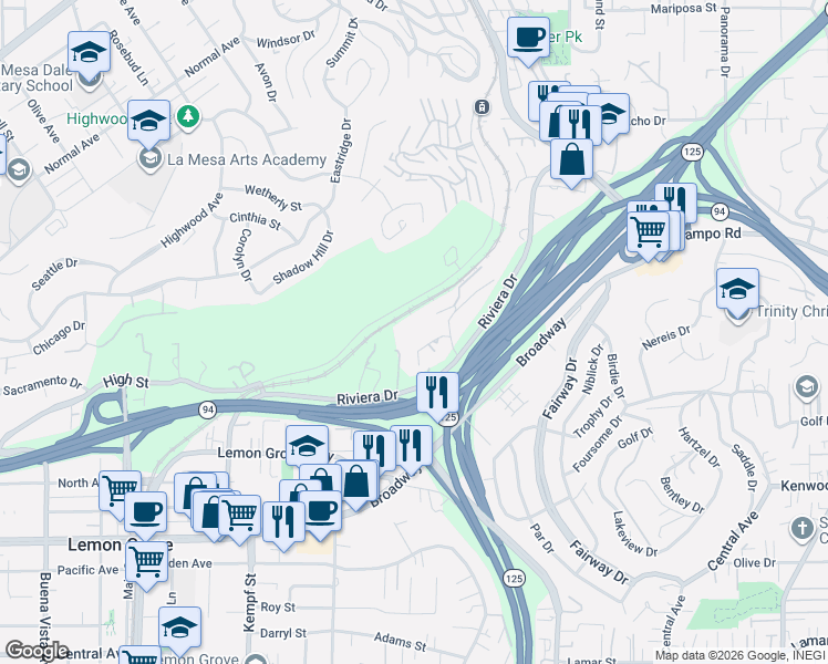 map of restaurants, bars, coffee shops, grocery stores, and more near 3886 American Avenue in La Mesa