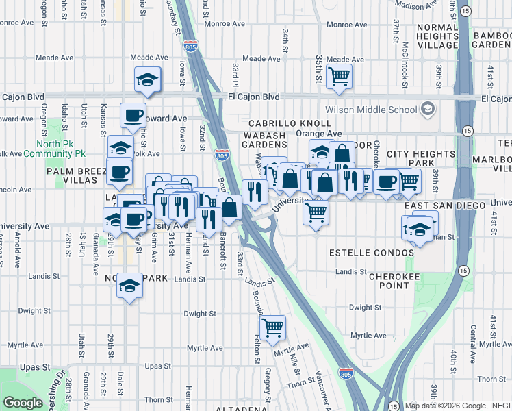map of restaurants, bars, coffee shops, grocery stores, and more near 3930 Wabash Avenue in San Diego