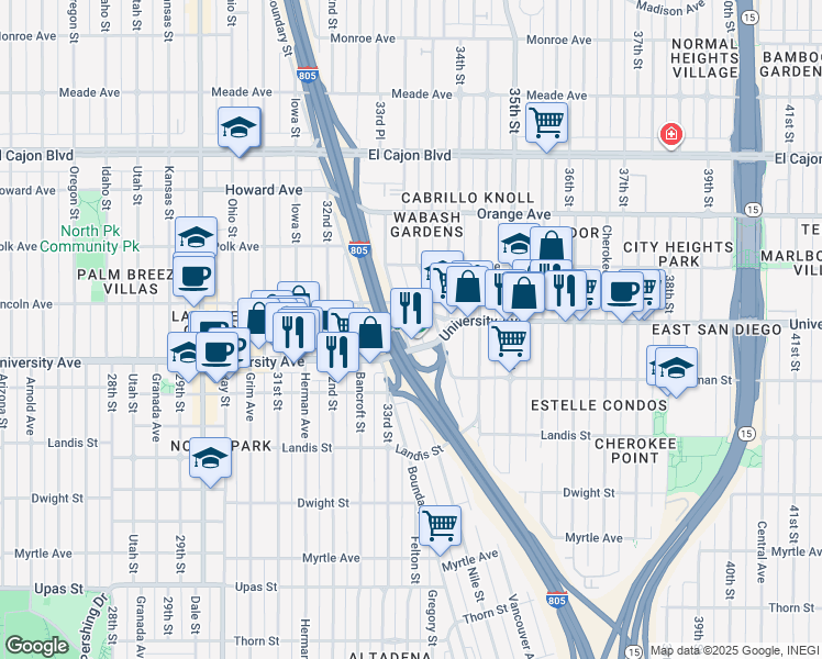 map of restaurants, bars, coffee shops, grocery stores, and more near 3930 Wabash Avenue in San Diego
