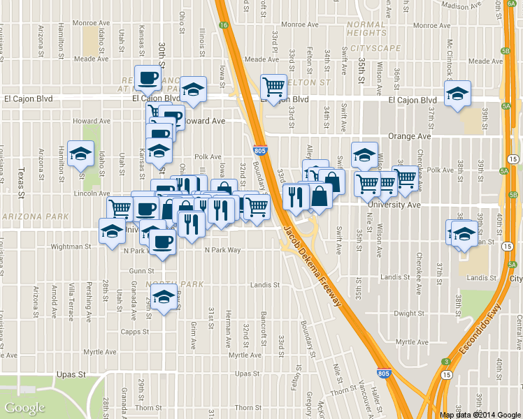 map of restaurants, bars, coffee shops, grocery stores, and more near 3954 Bancroft Street in San Diego