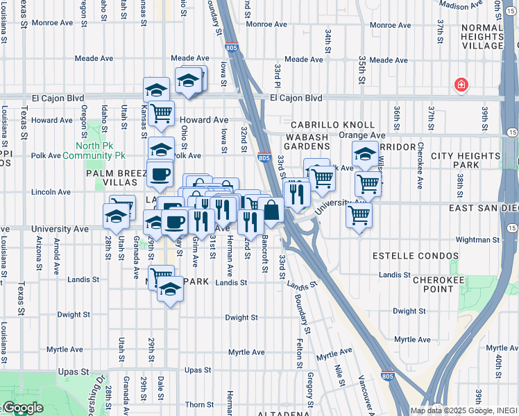 map of restaurants, bars, coffee shops, grocery stores, and more near 3954 Bancroft Street in San Diego