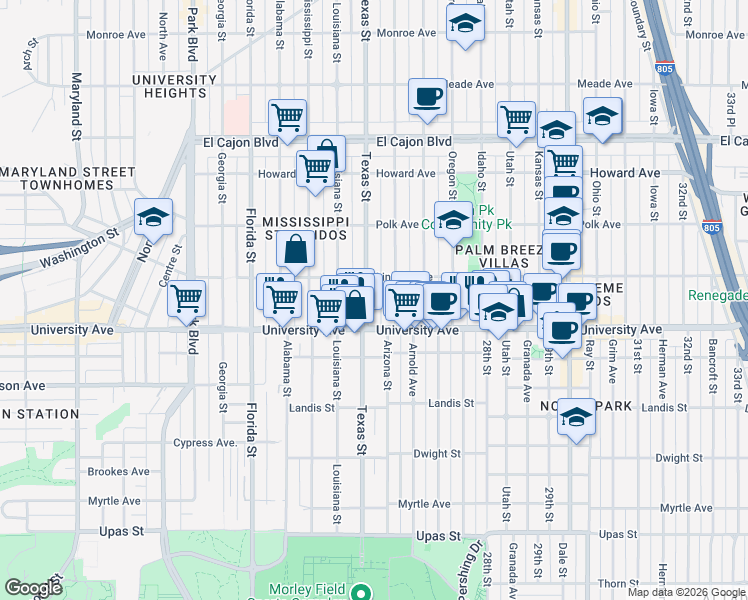 map of restaurants, bars, coffee shops, grocery stores, and more near 3952 Arizona Street in San Diego