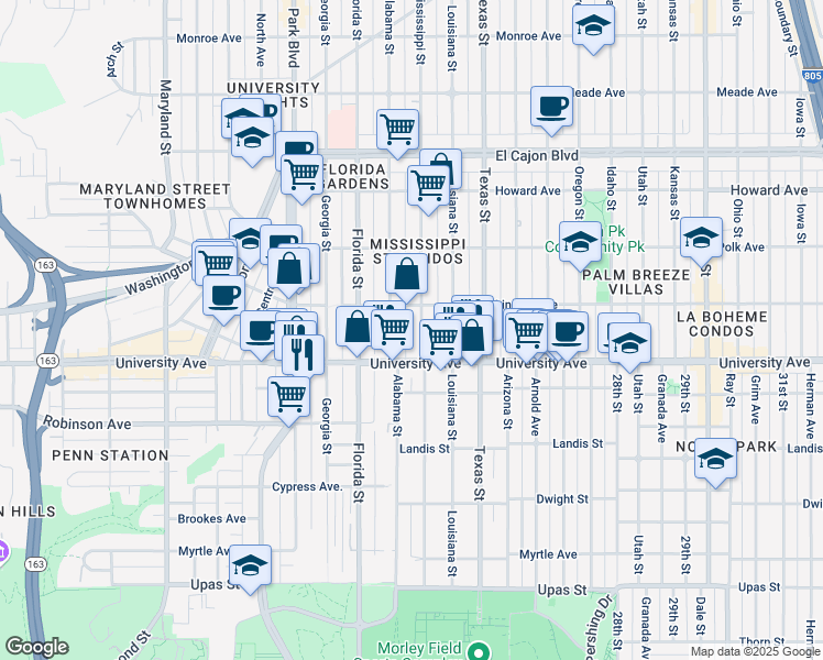 map of restaurants, bars, coffee shops, grocery stores, and more near 3948 1/2 Mississippi Street in San Diego