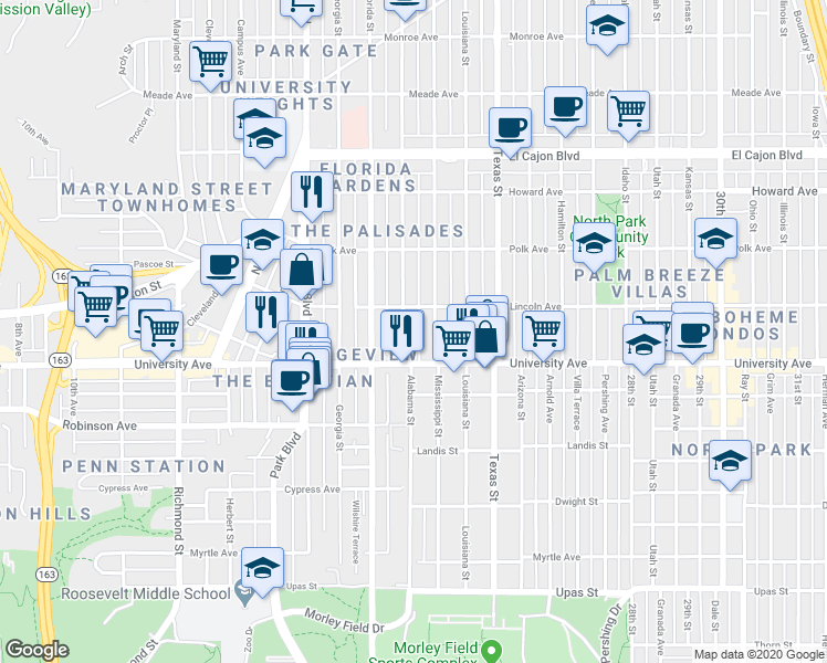 map of restaurants, bars, coffee shops, grocery stores, and more near 3945 Alabama Street in San Diego