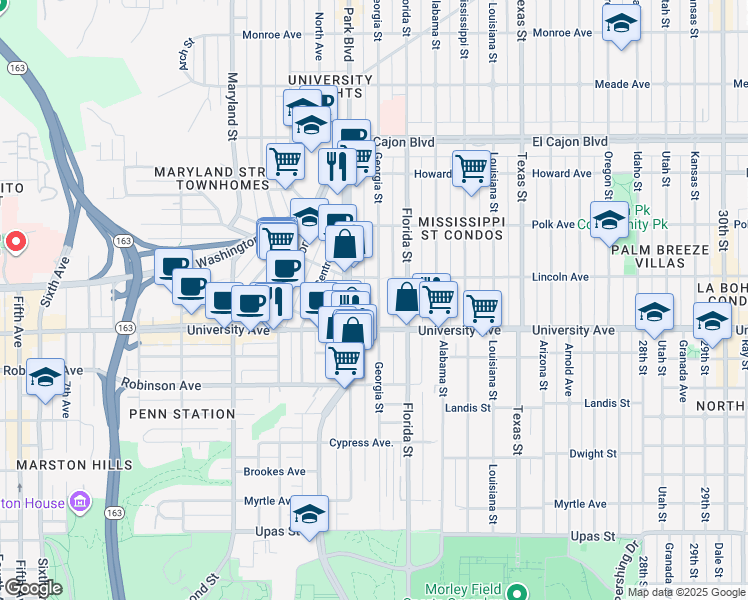map of restaurants, bars, coffee shops, grocery stores, and more near 3948 Georgia Street in San Diego