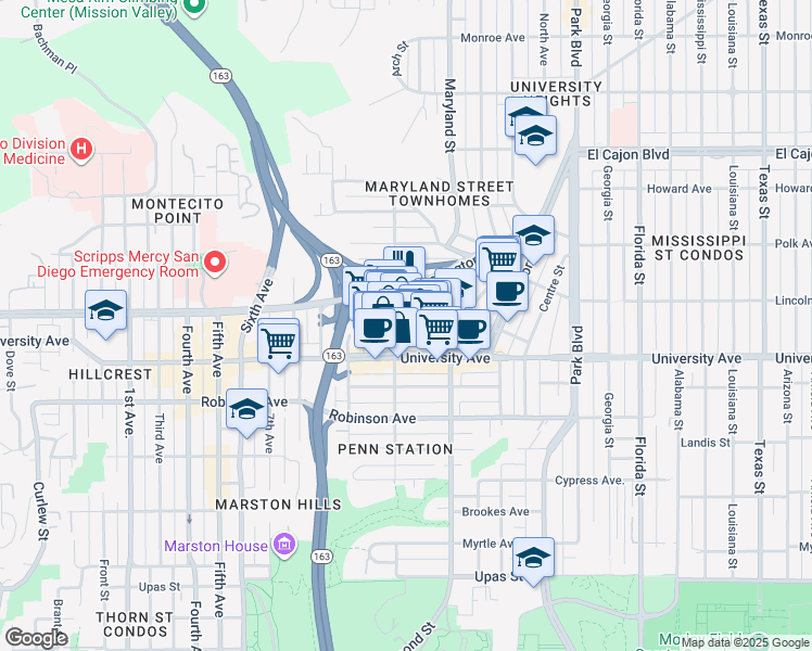 map of restaurants, bars, coffee shops, grocery stores, and more near 1220 Cleveland Avenue in San Diego