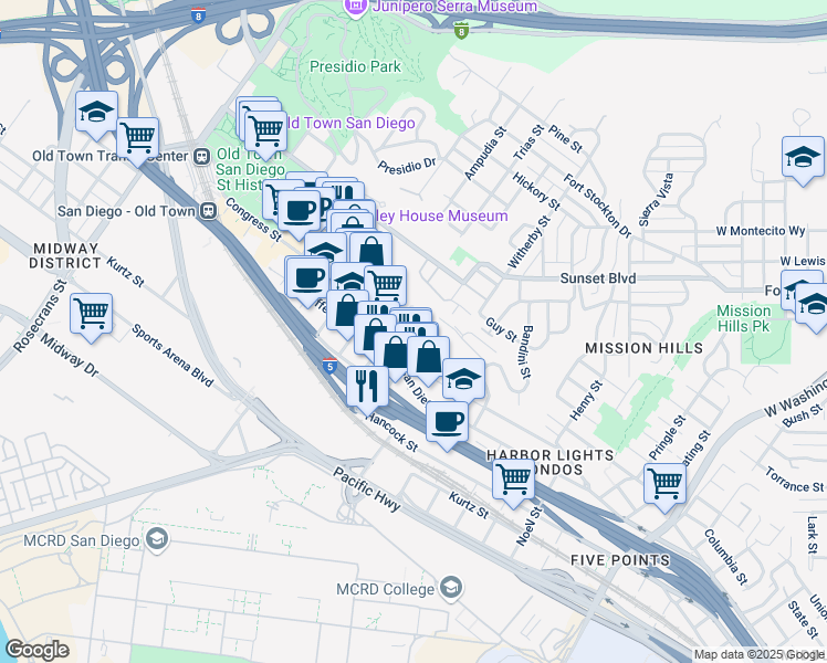 map of restaurants, bars, coffee shops, grocery stores, and more near 2250-2296 Congress Street in San Diego