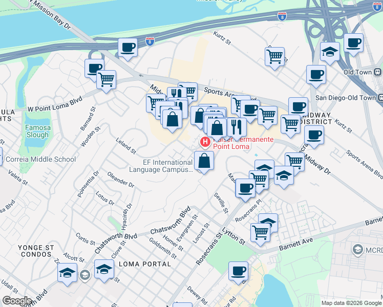 map of restaurants, bars, coffee shops, grocery stores, and more near 3250 Kenyon Street in San Diego