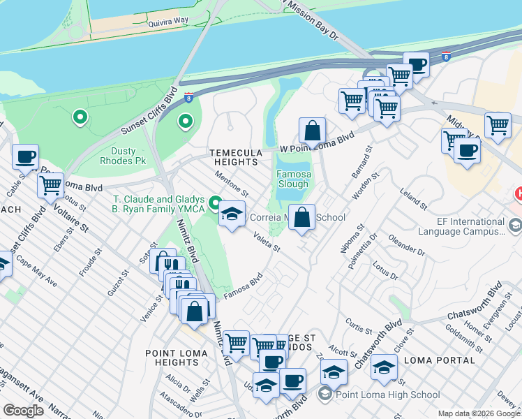 map of restaurants, bars, coffee shops, grocery stores, and more near 4245 Mentone Street in San Diego