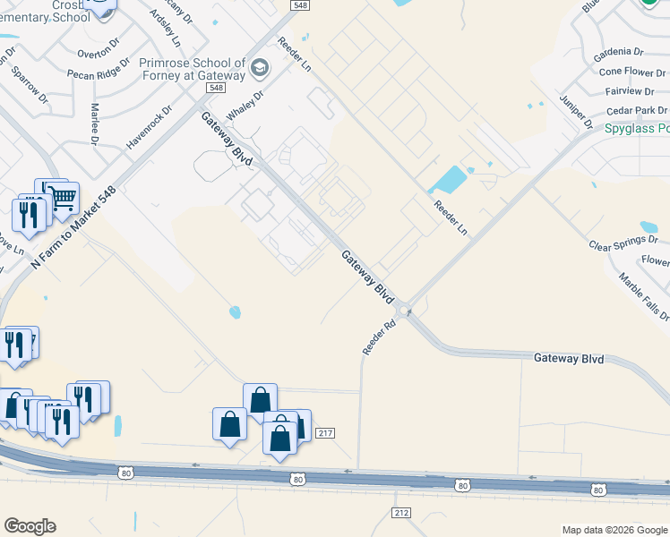 map of restaurants, bars, coffee shops, grocery stores, and more near 12817 Reeder Road in Forney