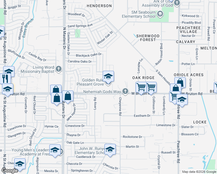 map of restaurants, bars, coffee shops, grocery stores, and more near 10747 Bruton Road in Dallas
