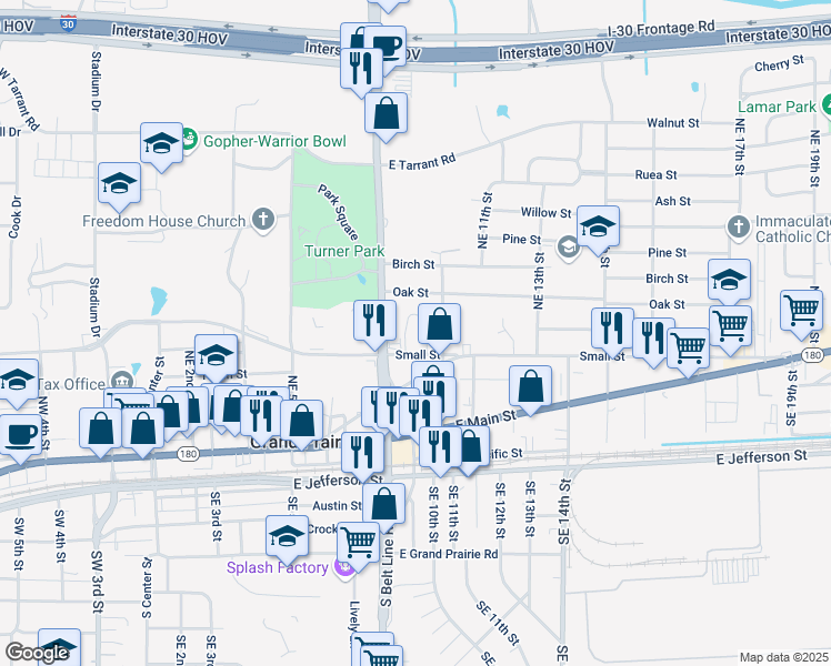 map of restaurants, bars, coffee shops, grocery stores, and more near 914 Small Street in Grand Prairie
