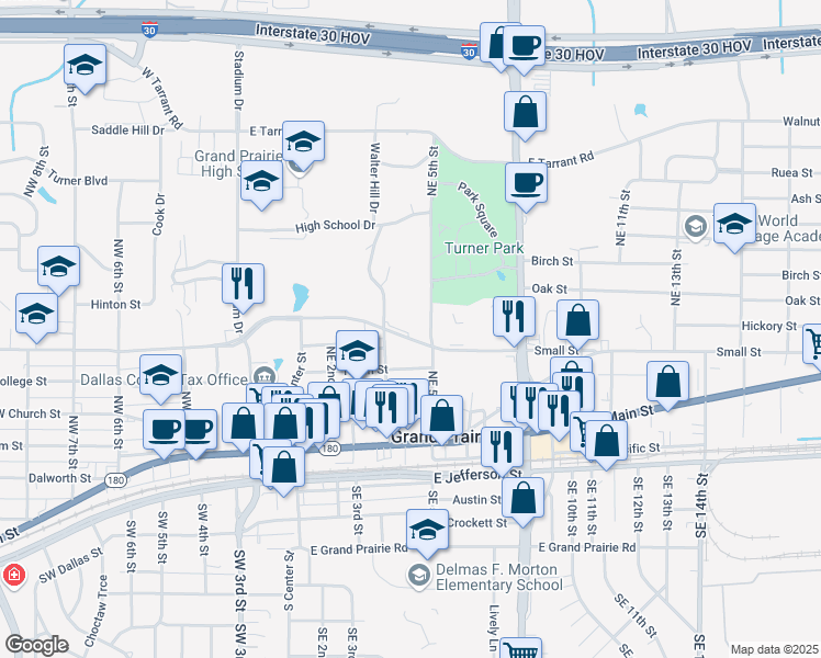 map of restaurants, bars, coffee shops, grocery stores, and more near 325 Northeast 5th Street in Grand Prairie