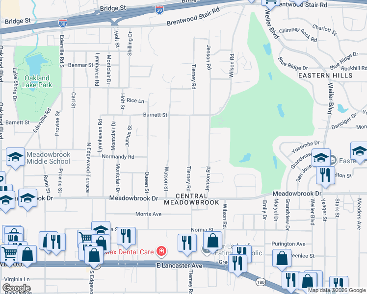 map of restaurants, bars, coffee shops, grocery stores, and more near 2027 Tierney Road in Fort Worth