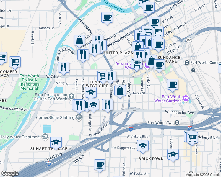 map of restaurants, bars, coffee shops, grocery stores, and more near 916 Henderson Street in Fort Worth