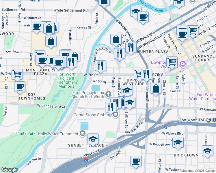 map of restaurants, bars, coffee shops, grocery stores, and more near 1600 Texas Street in Fort Worth