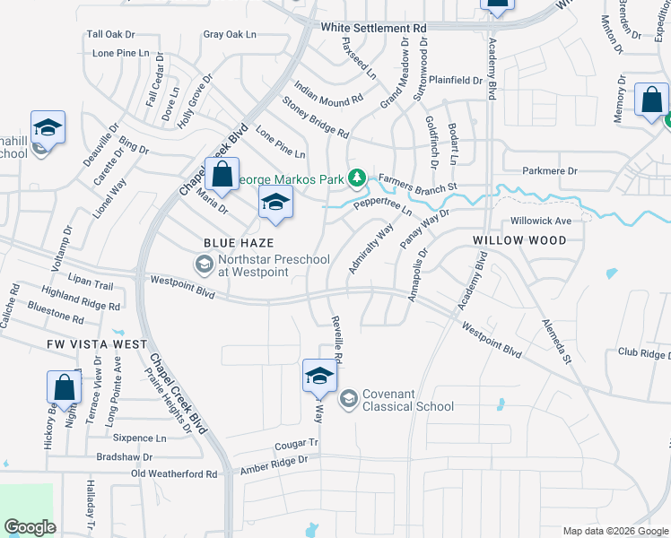 map of restaurants, bars, coffee shops, grocery stores, and more near 733 Reveille Road in Fort Worth